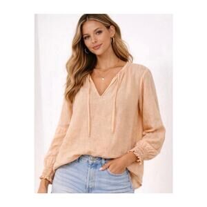 Cloth & Stone Peach Linen V-Neck Long Sleeve Peasant Blouse Flowy Boho Size XL